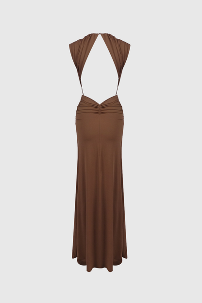 Plunging V Neck Cap Sleeve Twist Waist Cutout Maxi Dress