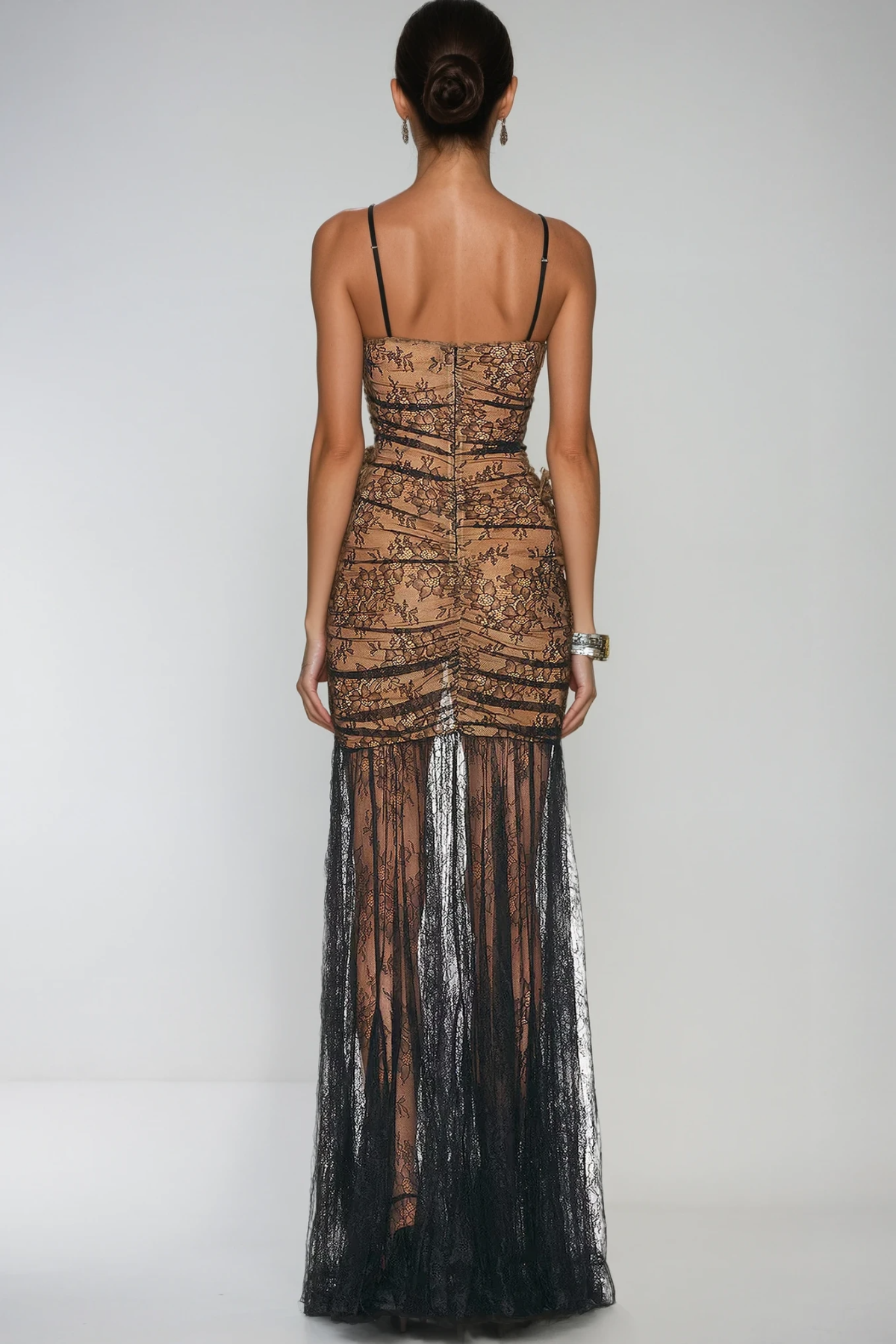 Sweetheart Spaghetti Strap Ruched Floral Lace Thigh Slit Maxi Dress