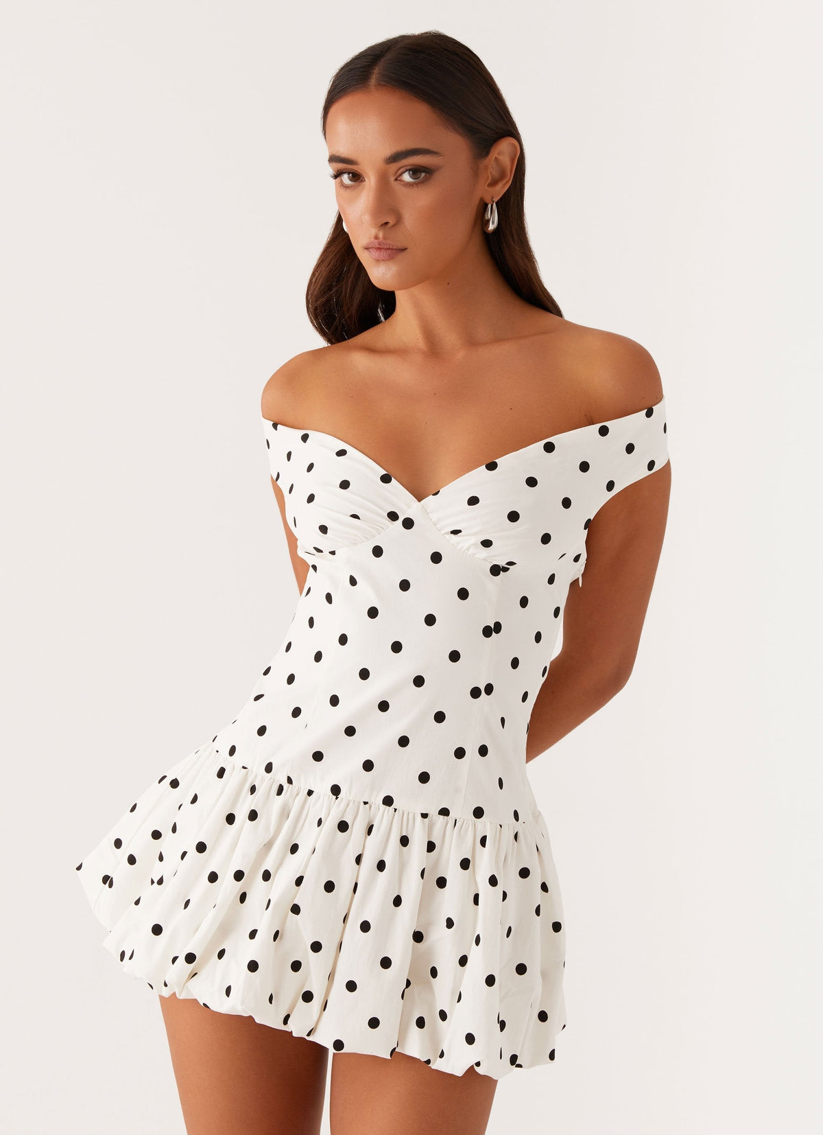 Off Shoulder Polka Dot Ruched Bubble Skirt Mini Dress