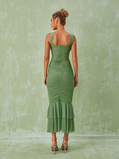 Square Neck Cutout Waist Ruched Mesh Tiered Mermaid Maxi Dress