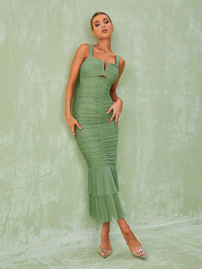 Square Neck Cutout Waist Ruched Mesh Tiered Mermaid Maxi Dress