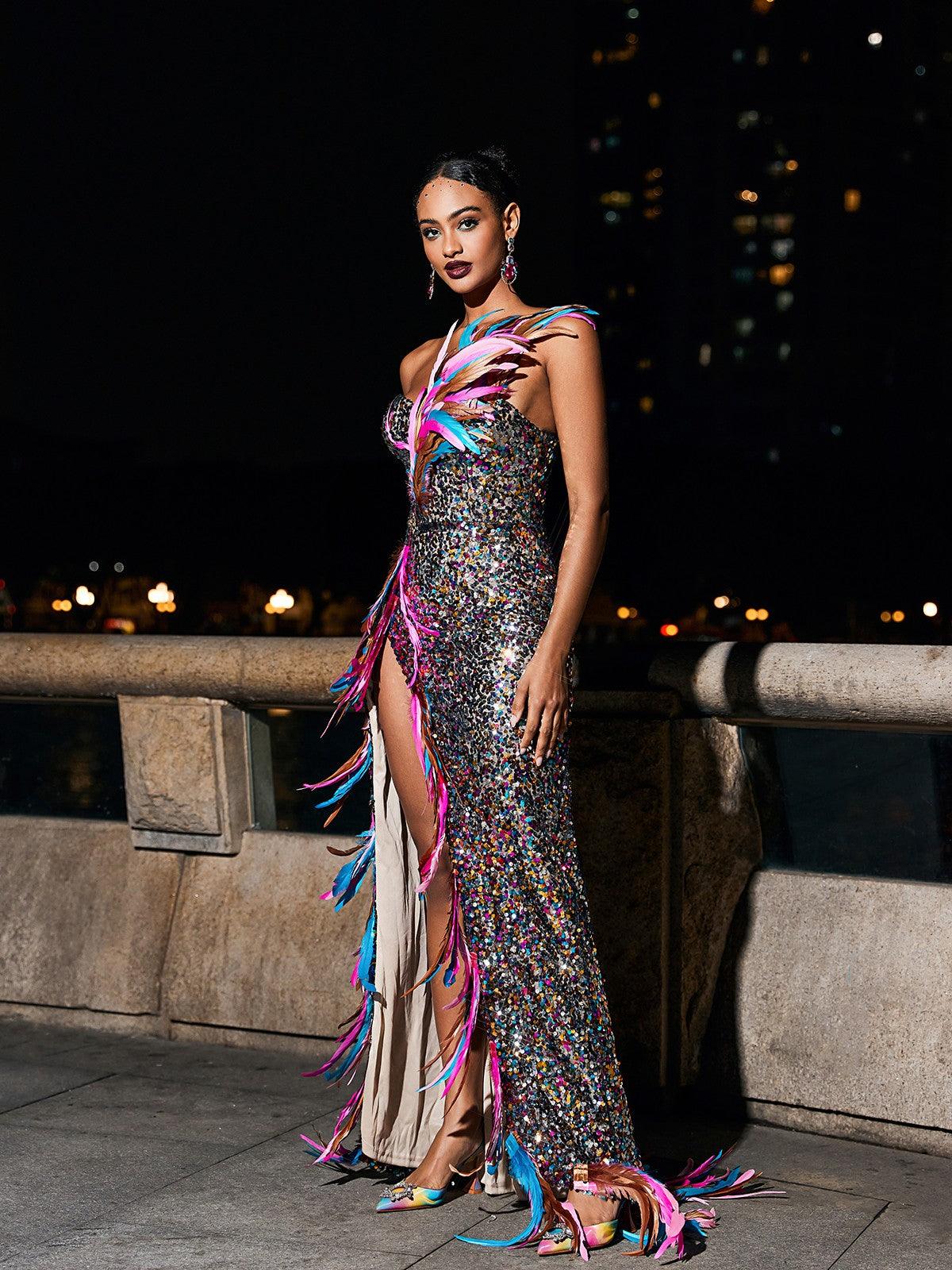 One Shoulder Sequin Diagonal Feather Trim High Slit Maxi Gown