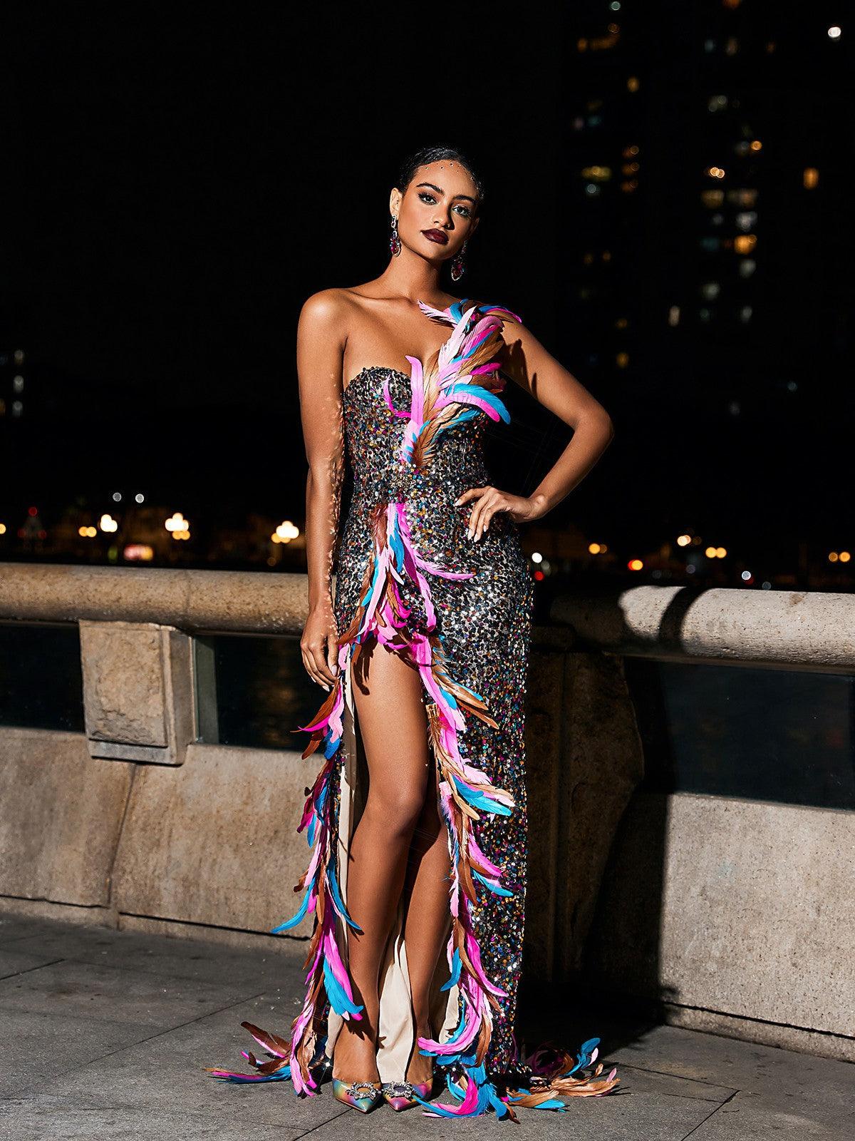 One Shoulder Sequin Diagonal Feather Trim High Slit Maxi Gown