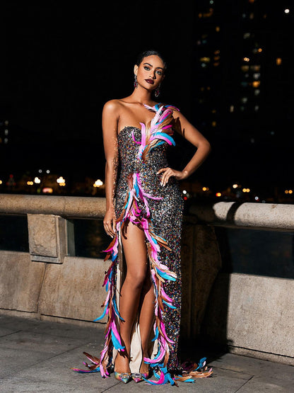 One Shoulder Sequin Diagonal Feather Trim High Slit Maxi Gown