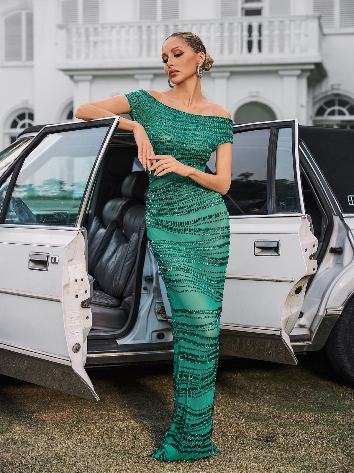 Off Shoulder One Sleeve Sequin Stripe Mesh Column Maxi Gown