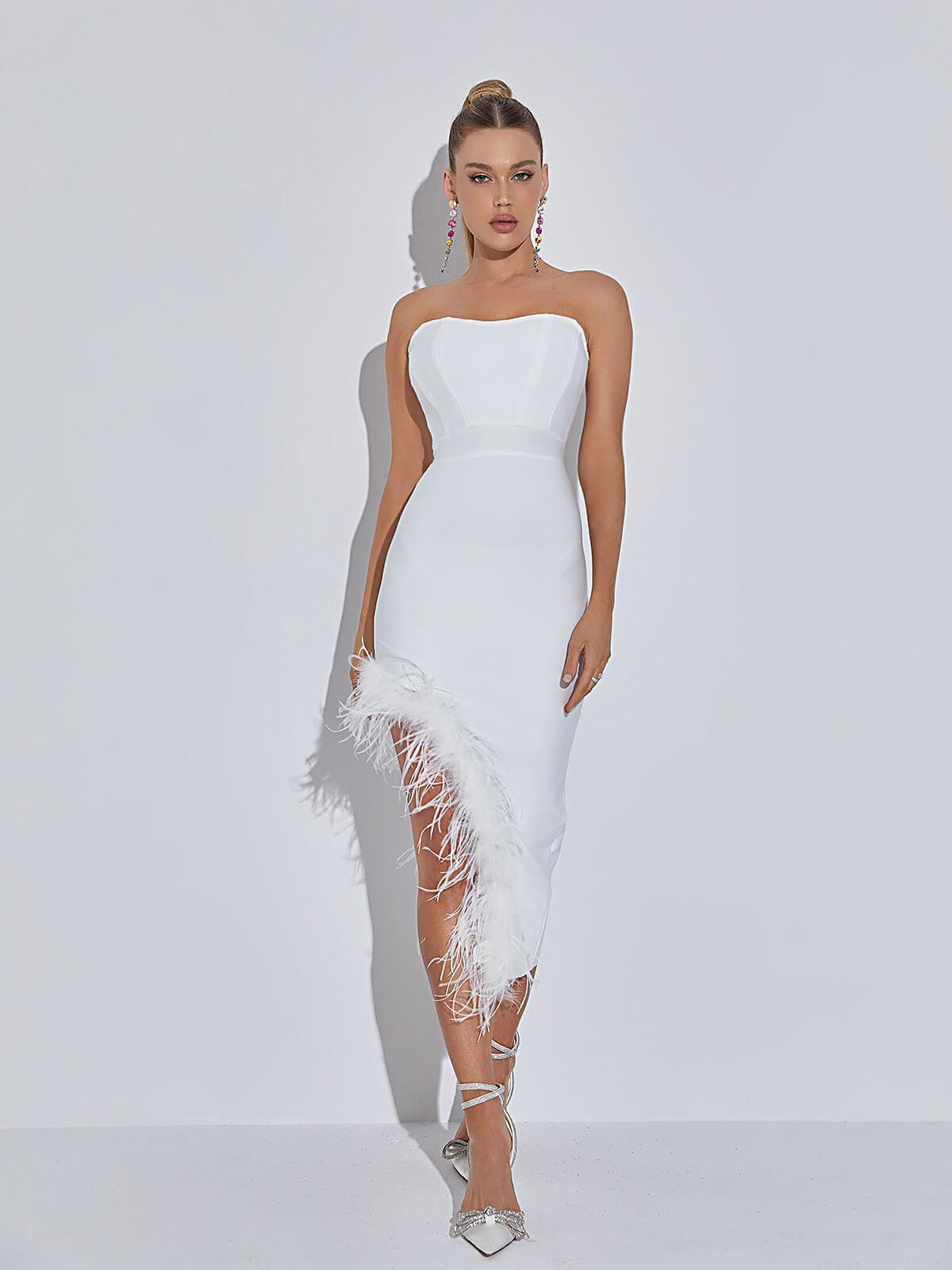 Strapless Corset Midi Dress with Feather Trim Slit and Feather Sleeve Cuffs