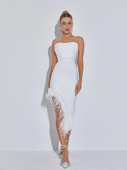 Strapless Corset Midi Dress with Feather Trim Slit and Feather Sleeve Cuffs