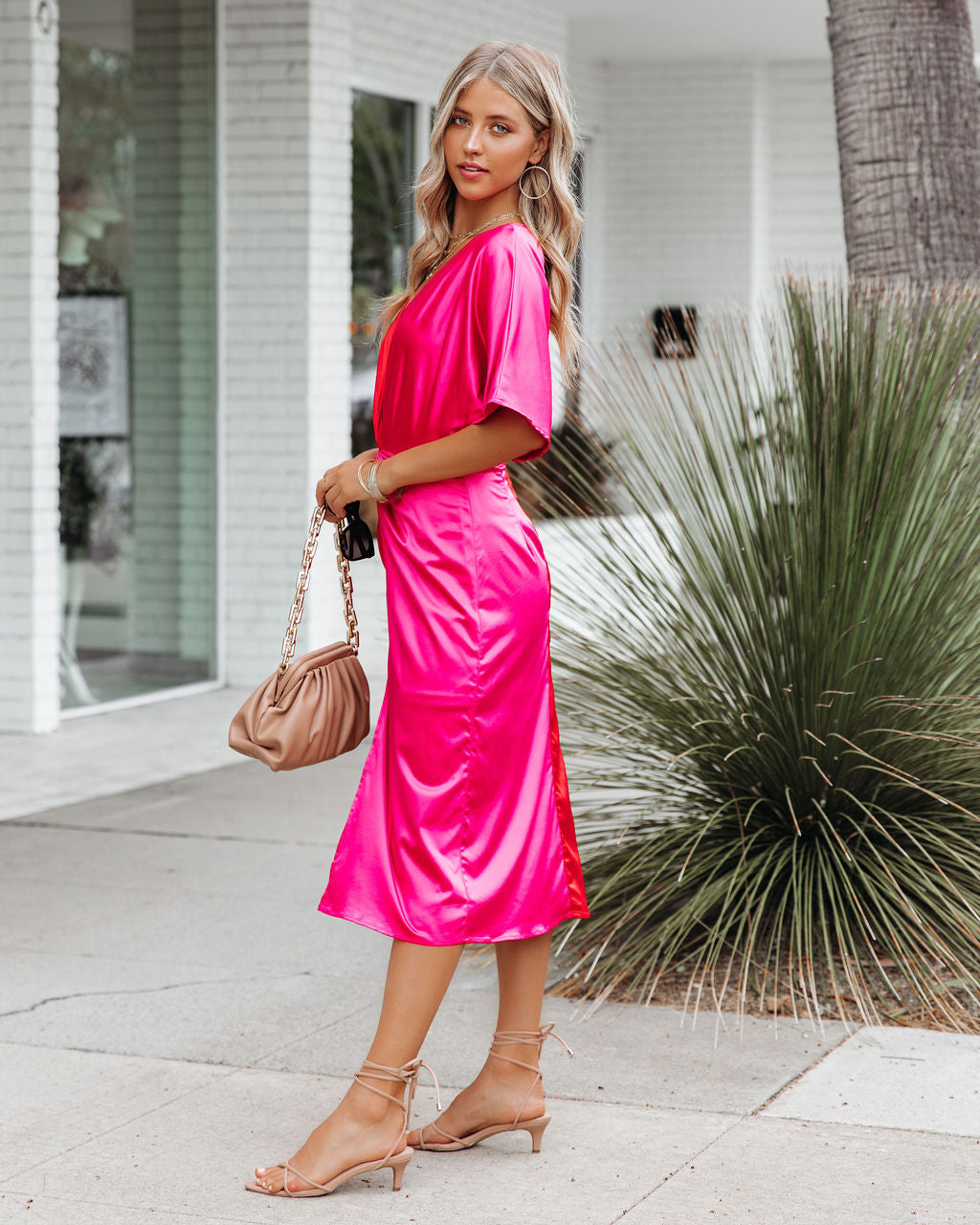 Deep V Neck Kimono Sleeve Twisted Knot Colorblock Slit Midi Dress