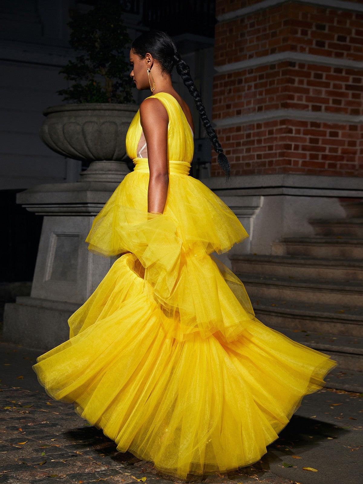 One Shoulder Ruched Horizontal Pleated Tiered Tulle Hi Lo Train Maxi Dress