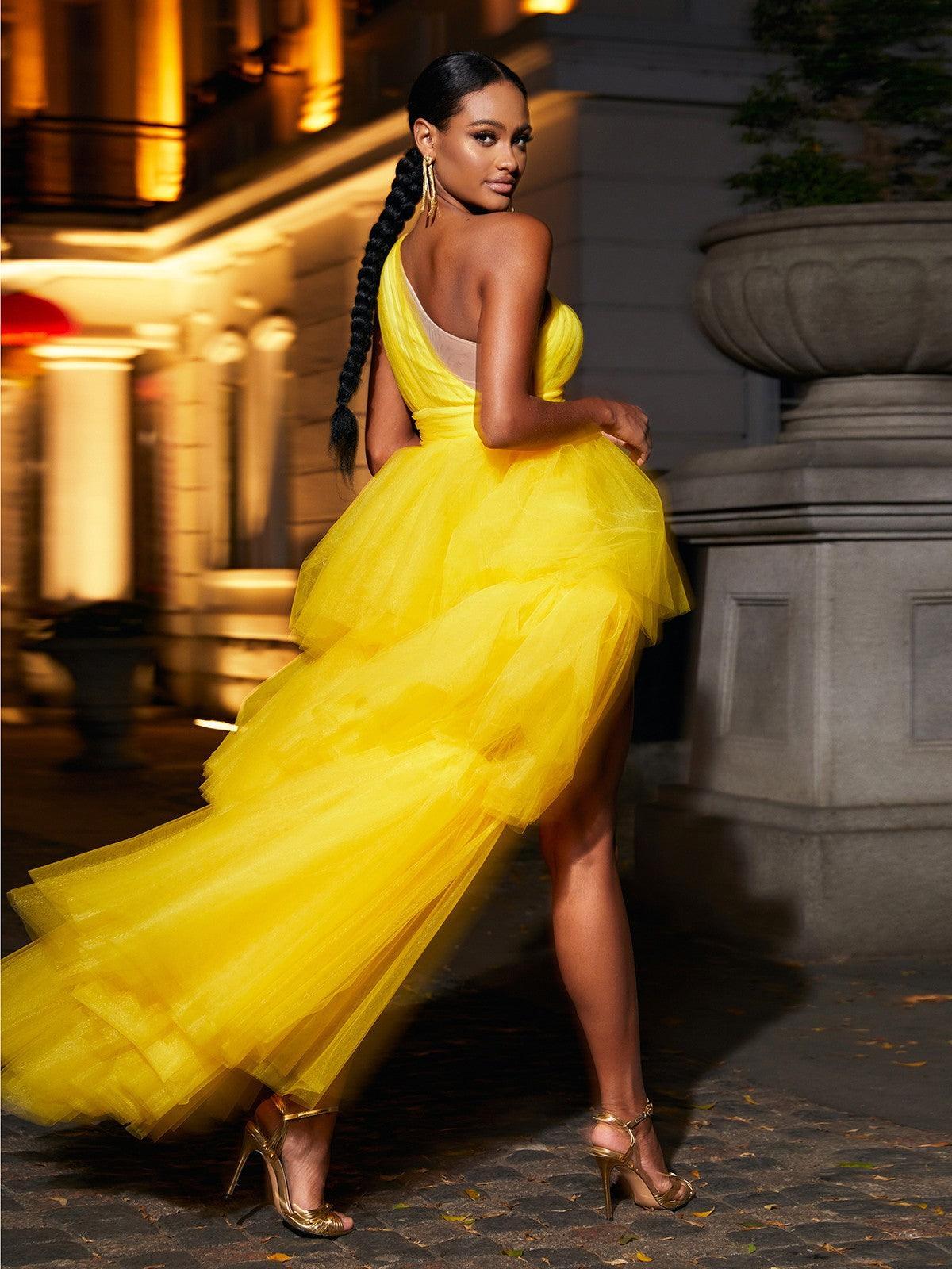 One Shoulder Ruched Tiered Tulle High Low Train Maxi Dress