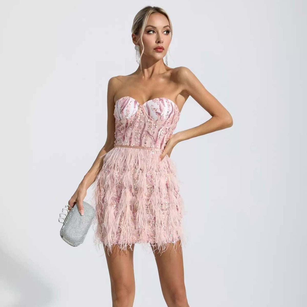 Sweetheart Sequin Feather Fringe Trim Mini Dress