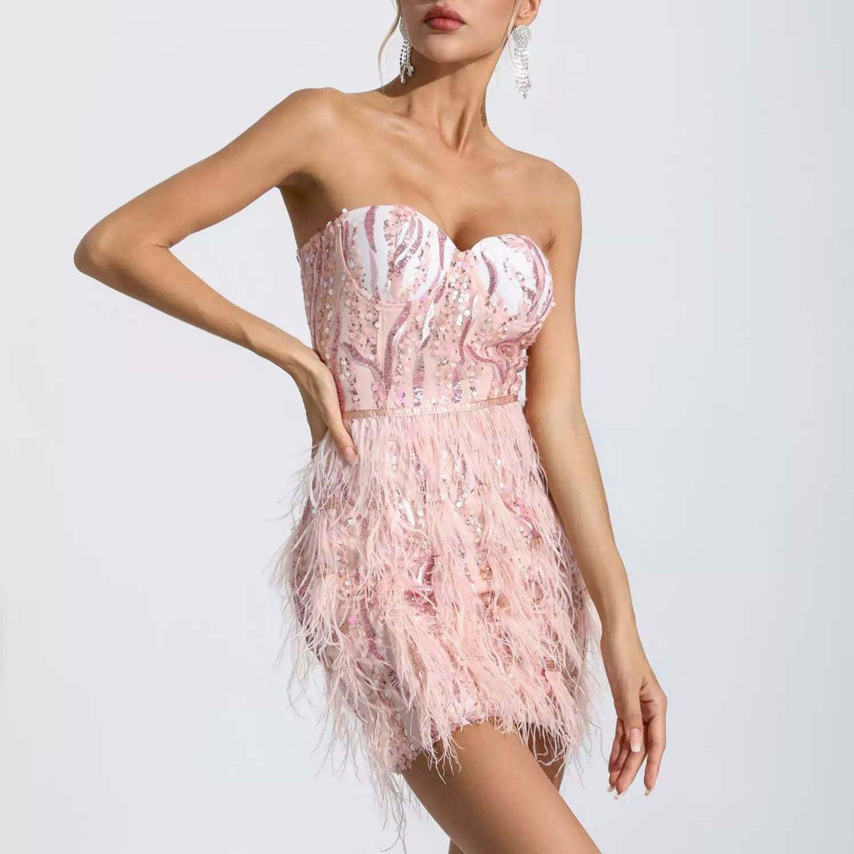 Sweetheart Sequin Feather Fringe Trim Mini Dress