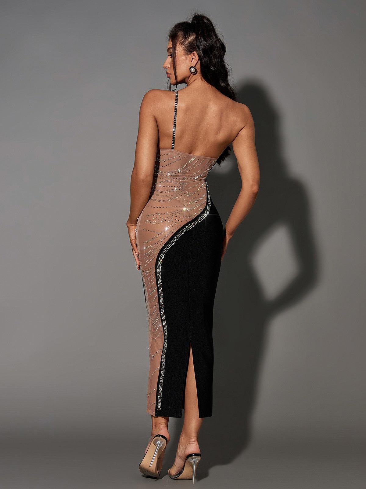 One Shoulder Mesh Panel Rhinestone Bandage Midi Dress