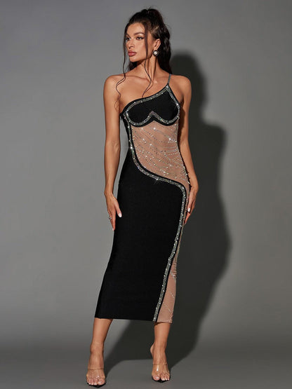 One Shoulder Mesh Panel Rhinestone Bandage Midi Dress