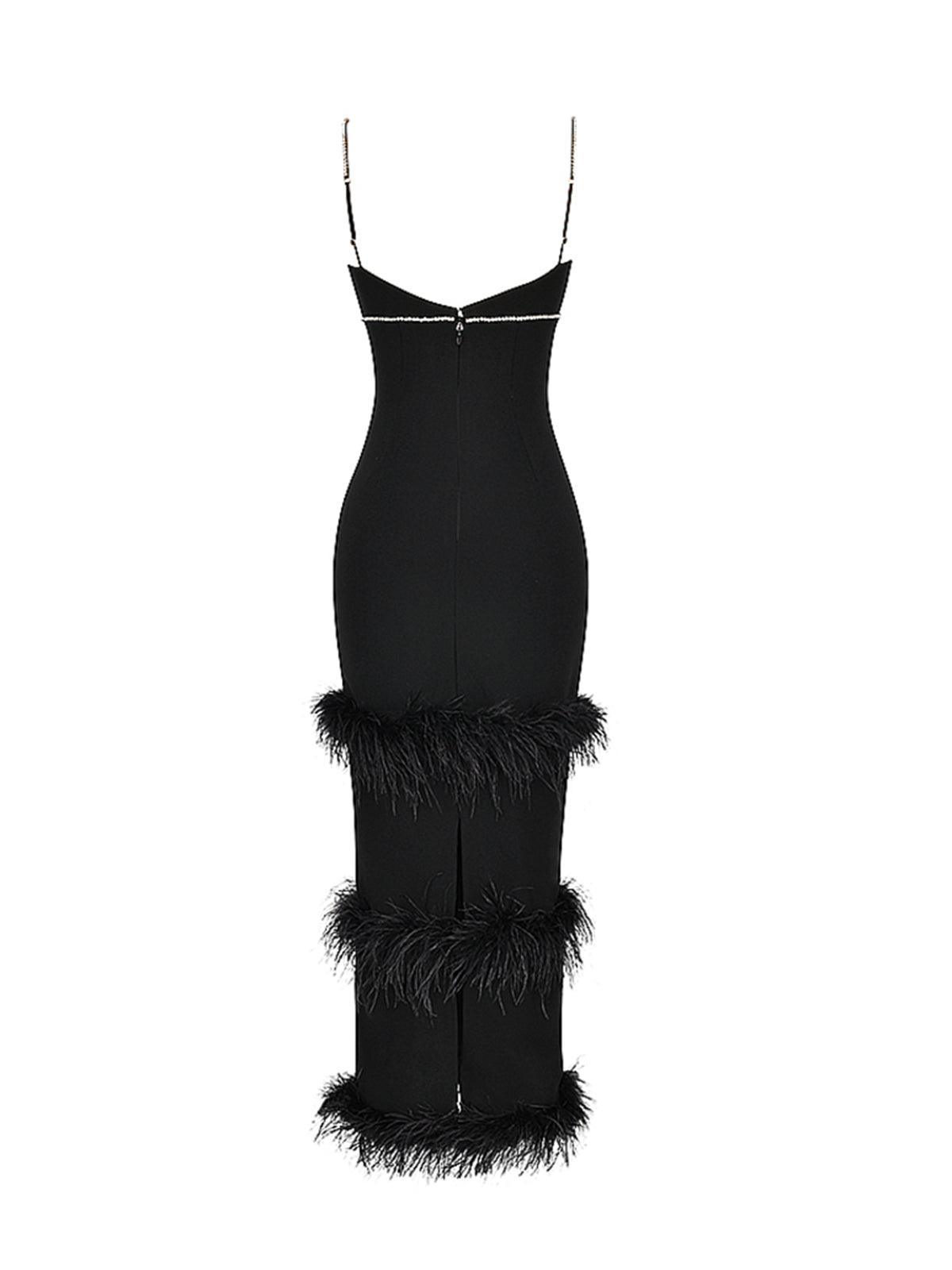 Deep V Spaghetti Strap Rhinestone Trim Tiered Feather Bandage Maxi Gown