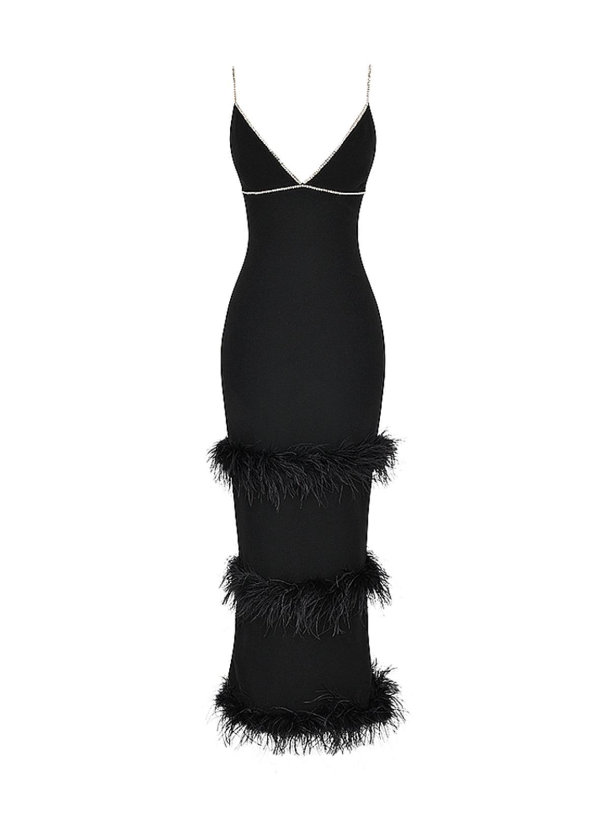 Deep V Spaghetti Strap Rhinestone Trim Tiered Feather Bandage Maxi Gown