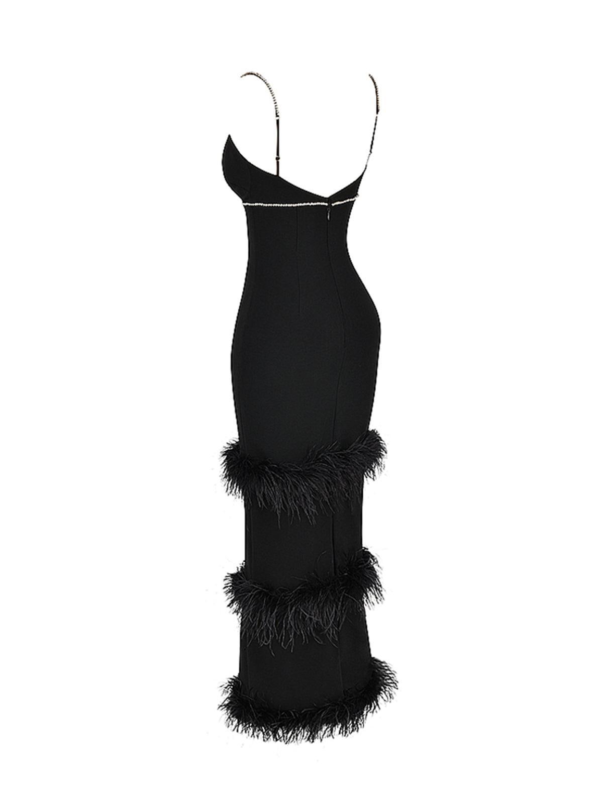 Deep V Spaghetti Strap Rhinestone Trim Tiered Feather Bandage Maxi Gown