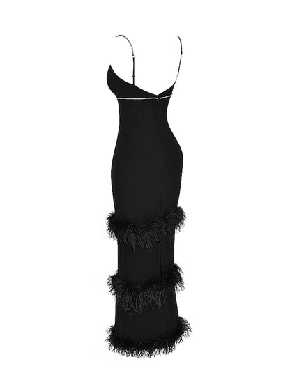 Deep V Spaghetti Strap Rhinestone Trim Tiered Feather Bandage Maxi Gown