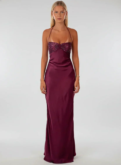 Halter Neck Shimmer Bodice Satin Column Maxi Dress