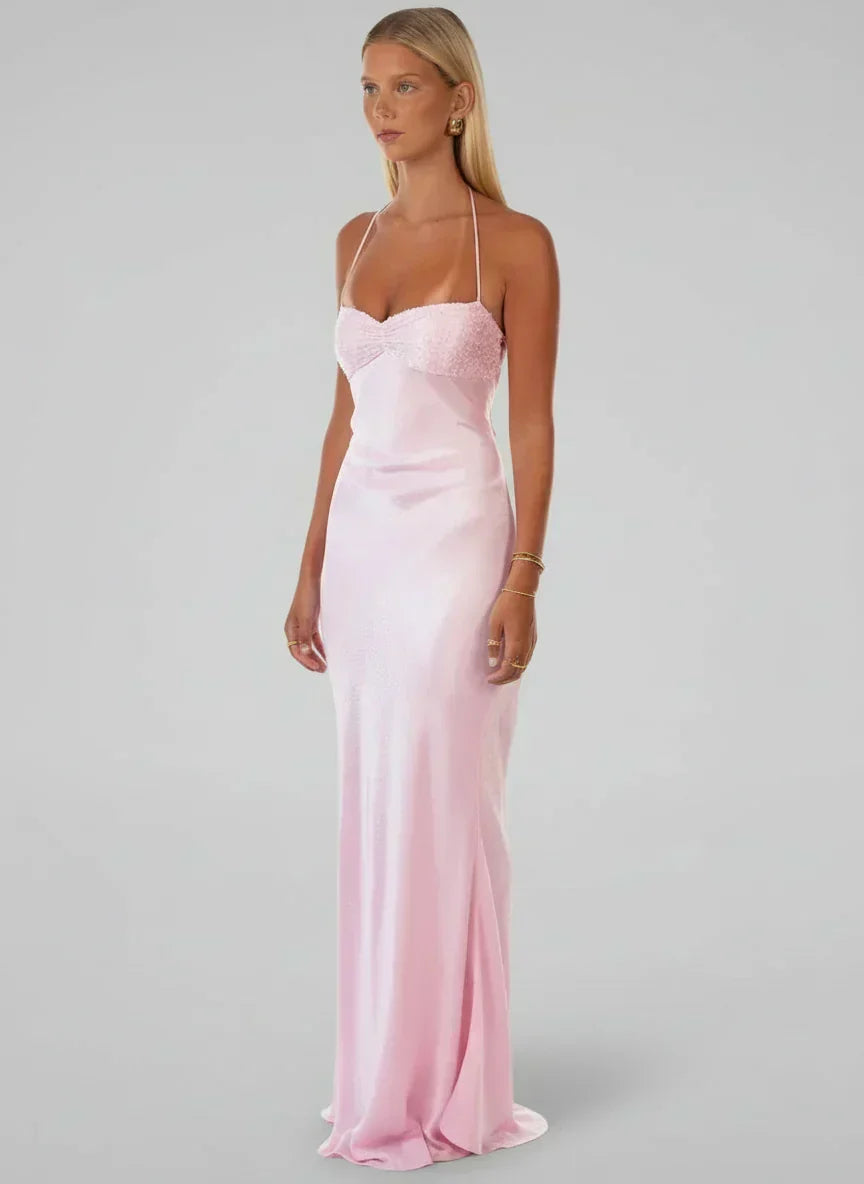 Halter Neck Shimmer Bodice Satin Column Maxi Dress