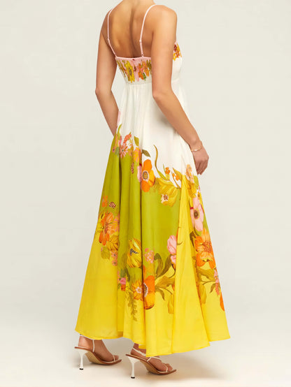 Floral Print Square Neck Spaghetti Strap Pocket Maxi Dress