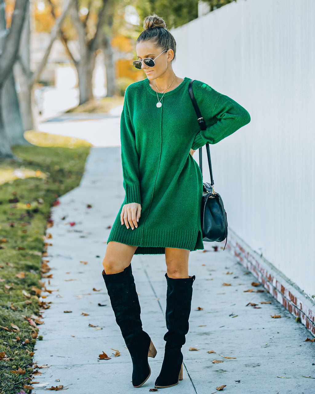 Crew Neck Center Seam Rib Trim Side Slit Knit Sweater Mini Dress