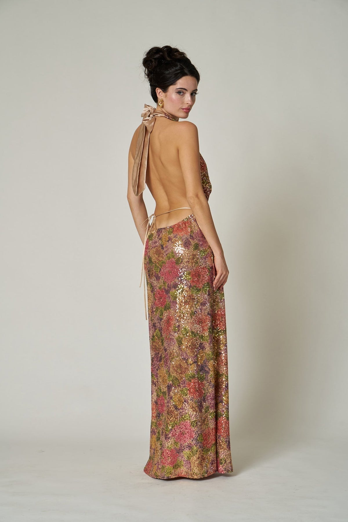 Halter Deep V Neck Abstract Floral Sequin Empire Waist Column Gown