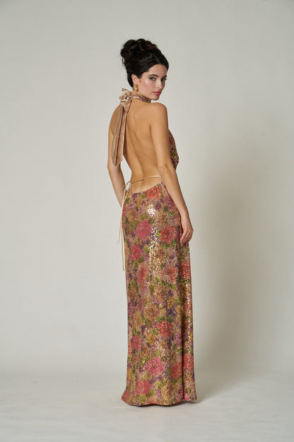 Halter Deep V Neck Abstract Floral Sequin Empire Waist Column Gown