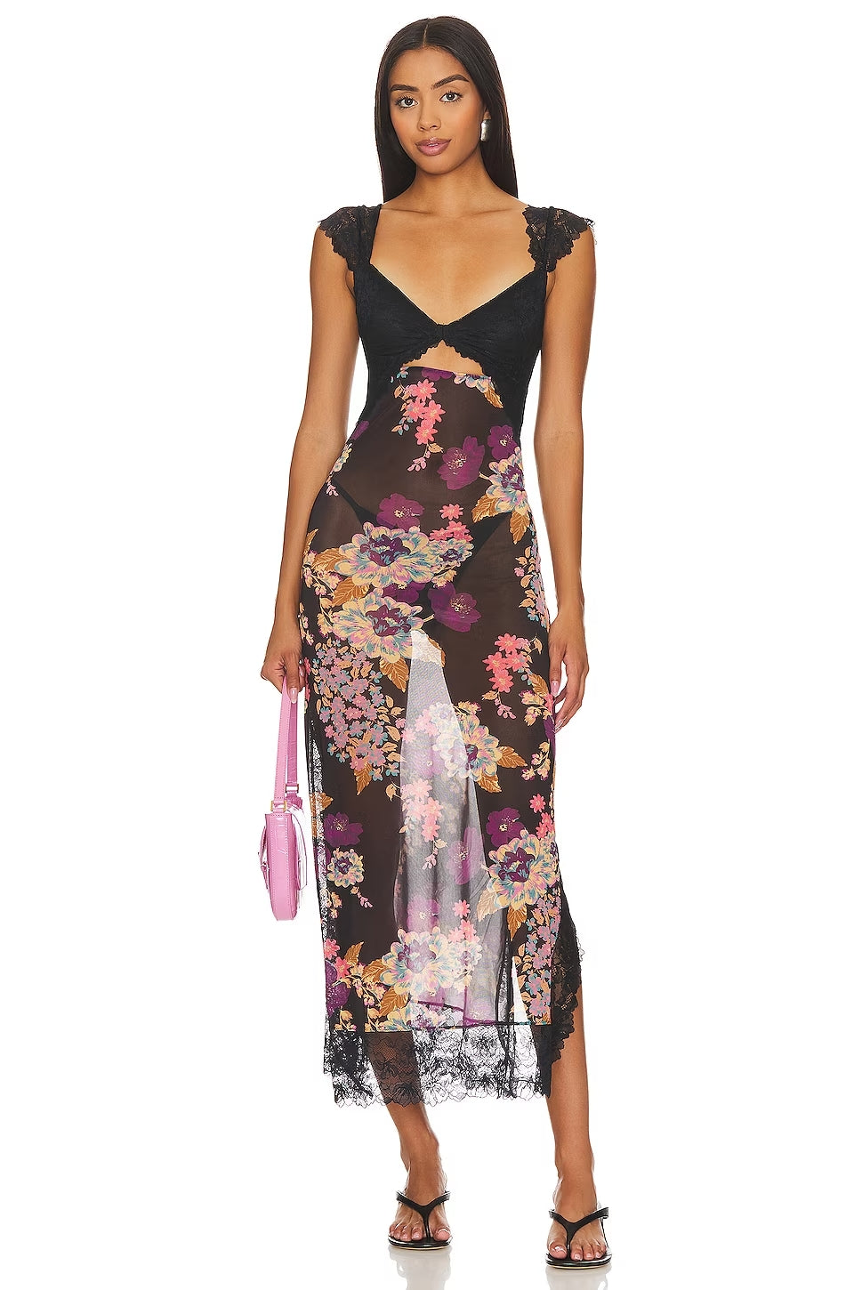 Lace Bodice Floral Print Cutout Slip Maxi Dress