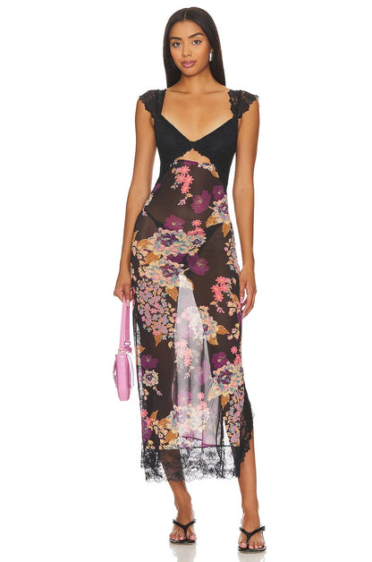 Lace Bodice Floral Print Cutout Slip Maxi Dress