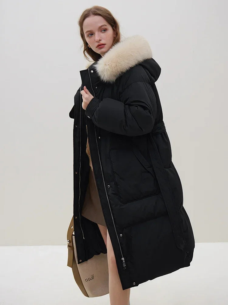 Detachable Fox Fur Collar Windbreaker Down Winter Warm Stylish Elegant Cozy Coat