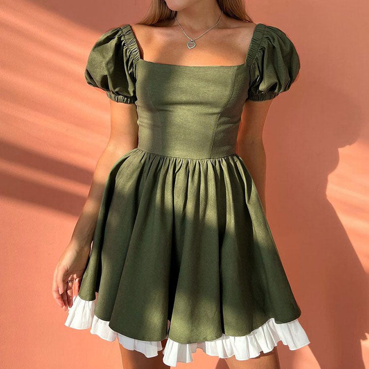 Square Neck Puff Sleeve Layered Ruffle Hem Skater Mini Dress