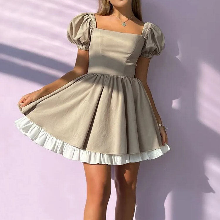 Square Neck Puff Sleeve Layered Ruffle Hem Skater Mini Dress