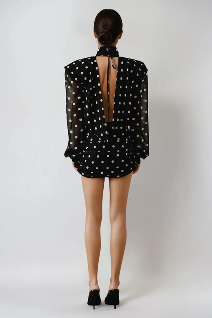 Crew Neck Long Sleeve Polka Dot Ruffle Hem Mini Dress