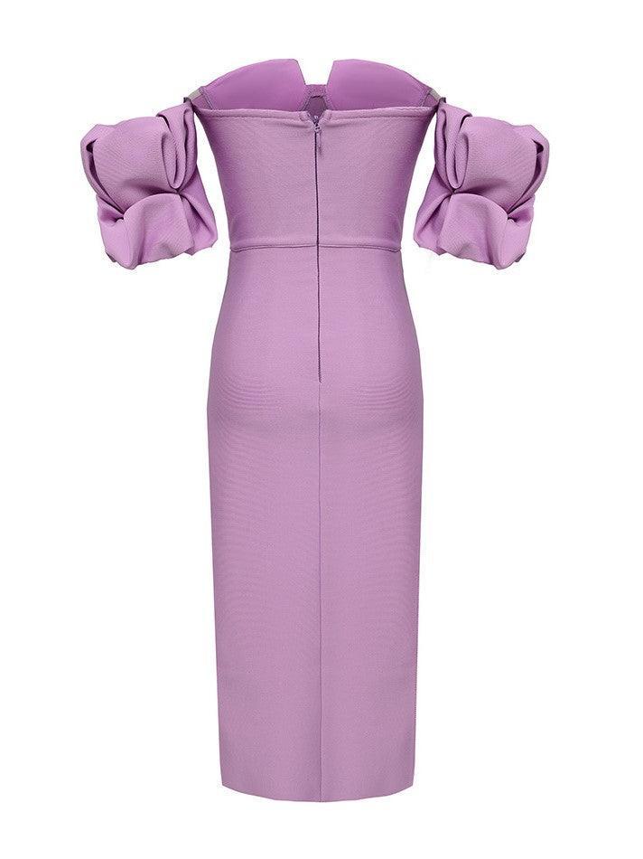 Sweetheart Corset Underwire Off Shoulder Puff Sleeve Ruffle Slit Midi Dress