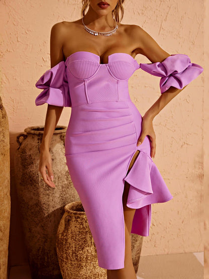 Sweetheart Corset Underwire Off Shoulder Puff Sleeve Ruffle Slit Midi Dress