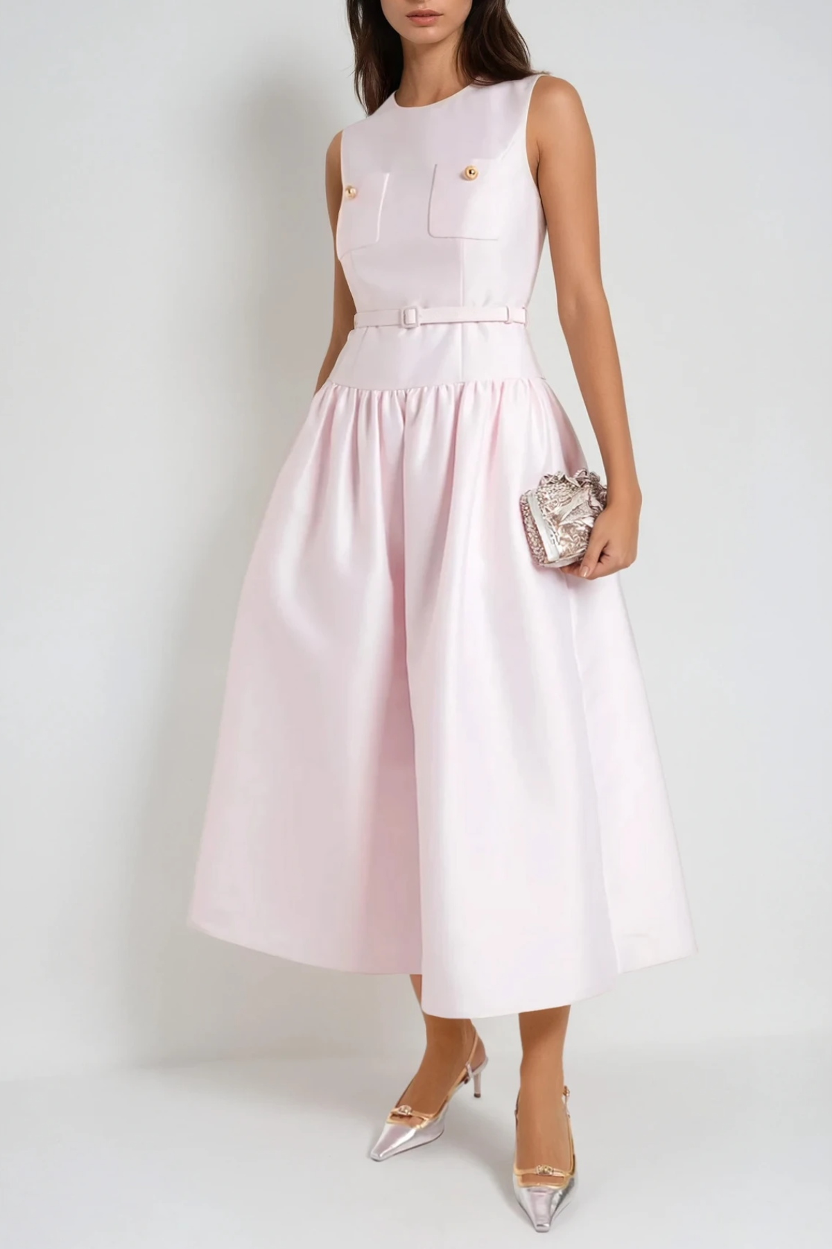 Crew Neck Button Pocket Belted Full Midi Dress