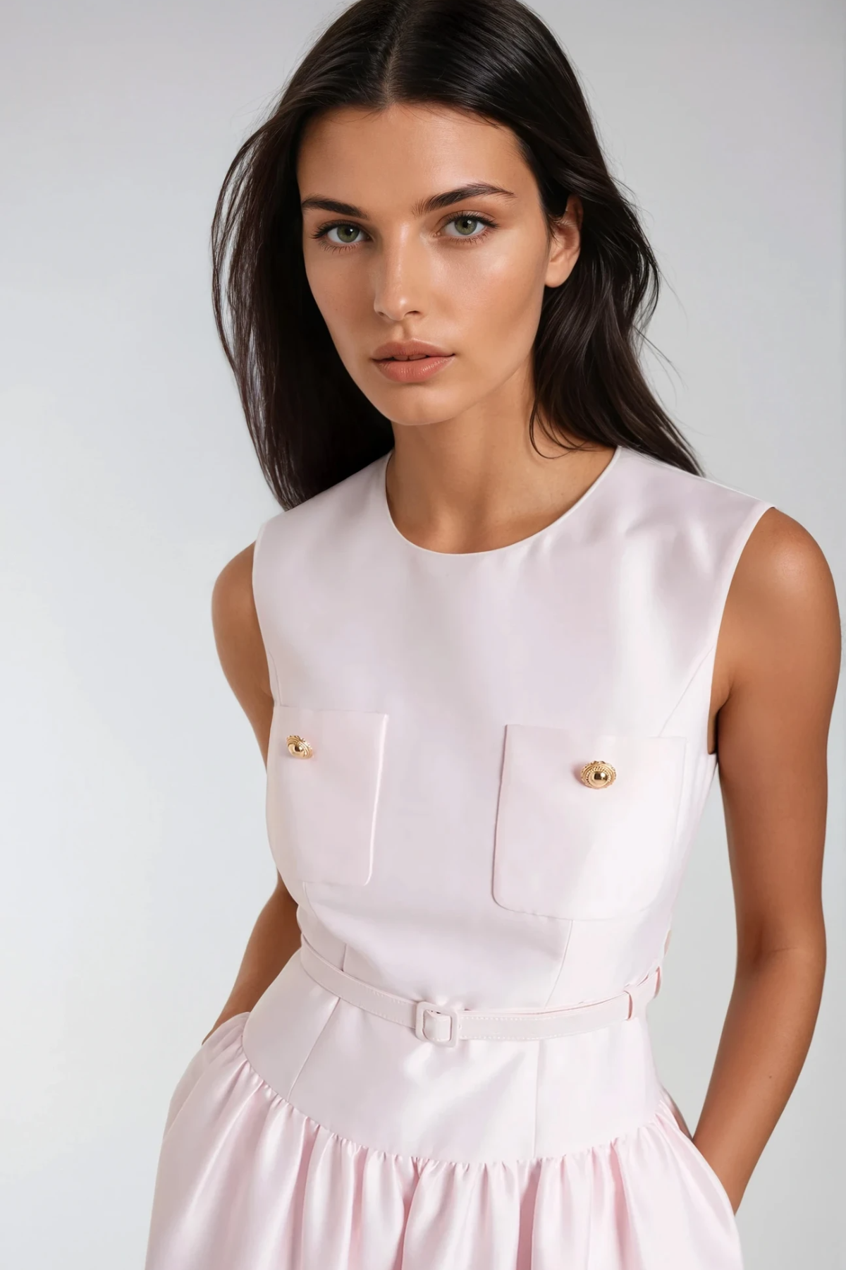Crew Neck Button Pocket Belted Full Midi Dress