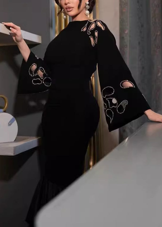 Boat Neck Rhinestone Cutout Bell Sleeve Ruffle Hem Mermaid Maxi Gown