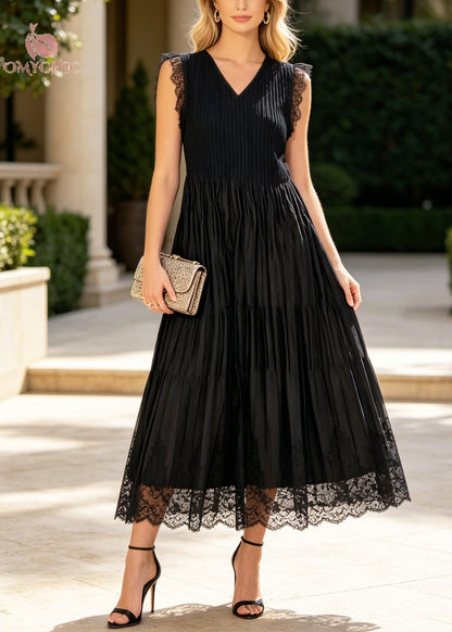V-Neck Rib Knit Bodice Tiered Pleated Lace Trim Scalloped Hem Maxi Dress