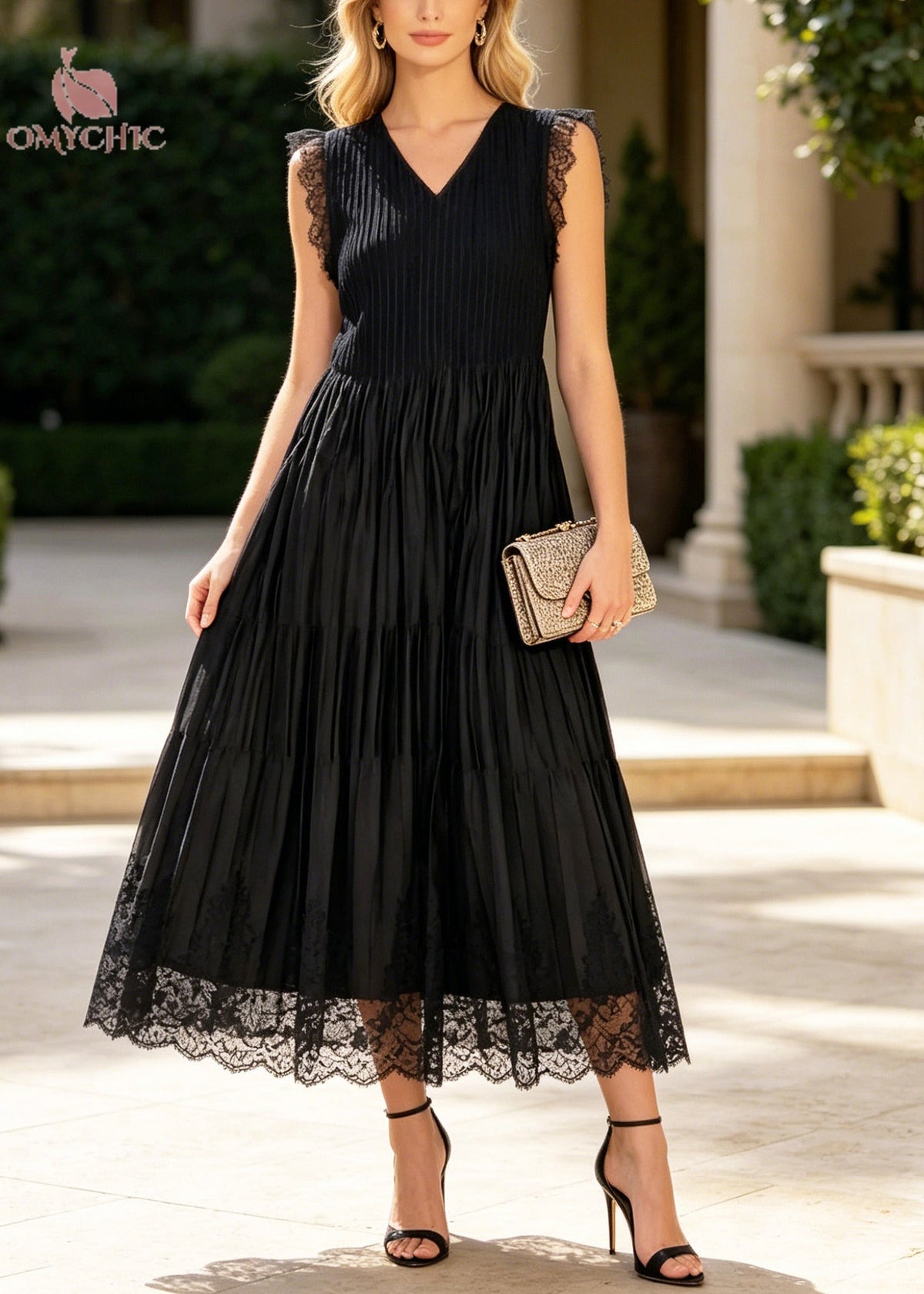 V-Neck Rib Knit Bodice Tiered Pleated Lace Trim Scalloped Hem Maxi Dress