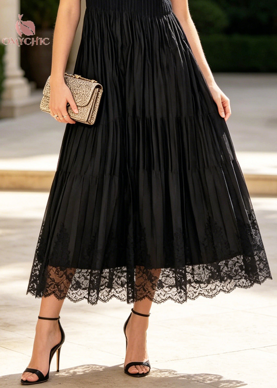 V-Neck Rib Knit Bodice Tiered Pleated Lace Trim Scalloped Hem Maxi Dress