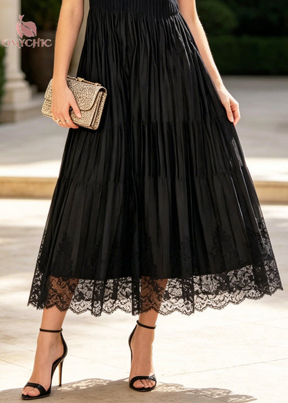 V-Neck Rib Knit Bodice Tiered Pleated Lace Trim Scalloped Hem Maxi Dress