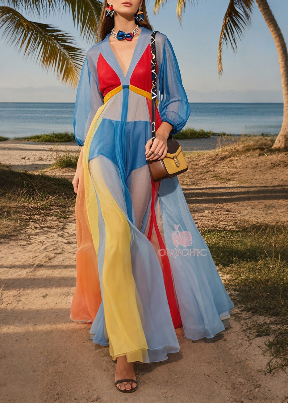 Deep V-Neck Empire Waist Lantern Sleeve Sheer Paneled Maxi Dress