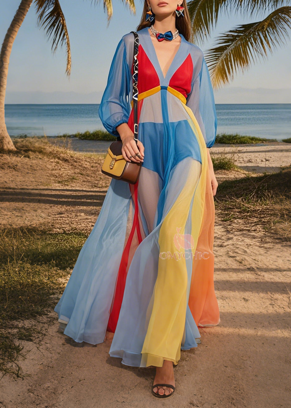 Deep V-Neck Empire Waist Lantern Sleeve Sheer Paneled Maxi Dress