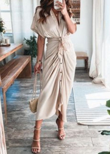 Collared V-Neck Tie Front Button Midi Dress