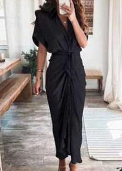 Collared V-Neck Tie Front Button Midi Dress