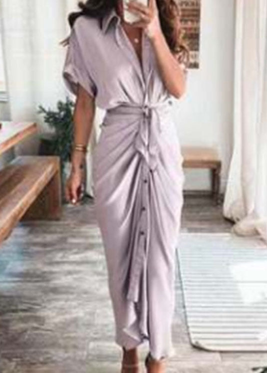 Collared V-Neck Tie Front Button Midi Dress