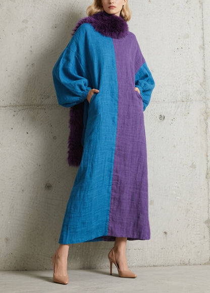 Colorblock Mock Neck Balloon Sleeve Side Pocket Linen Oversized Maxi Dress