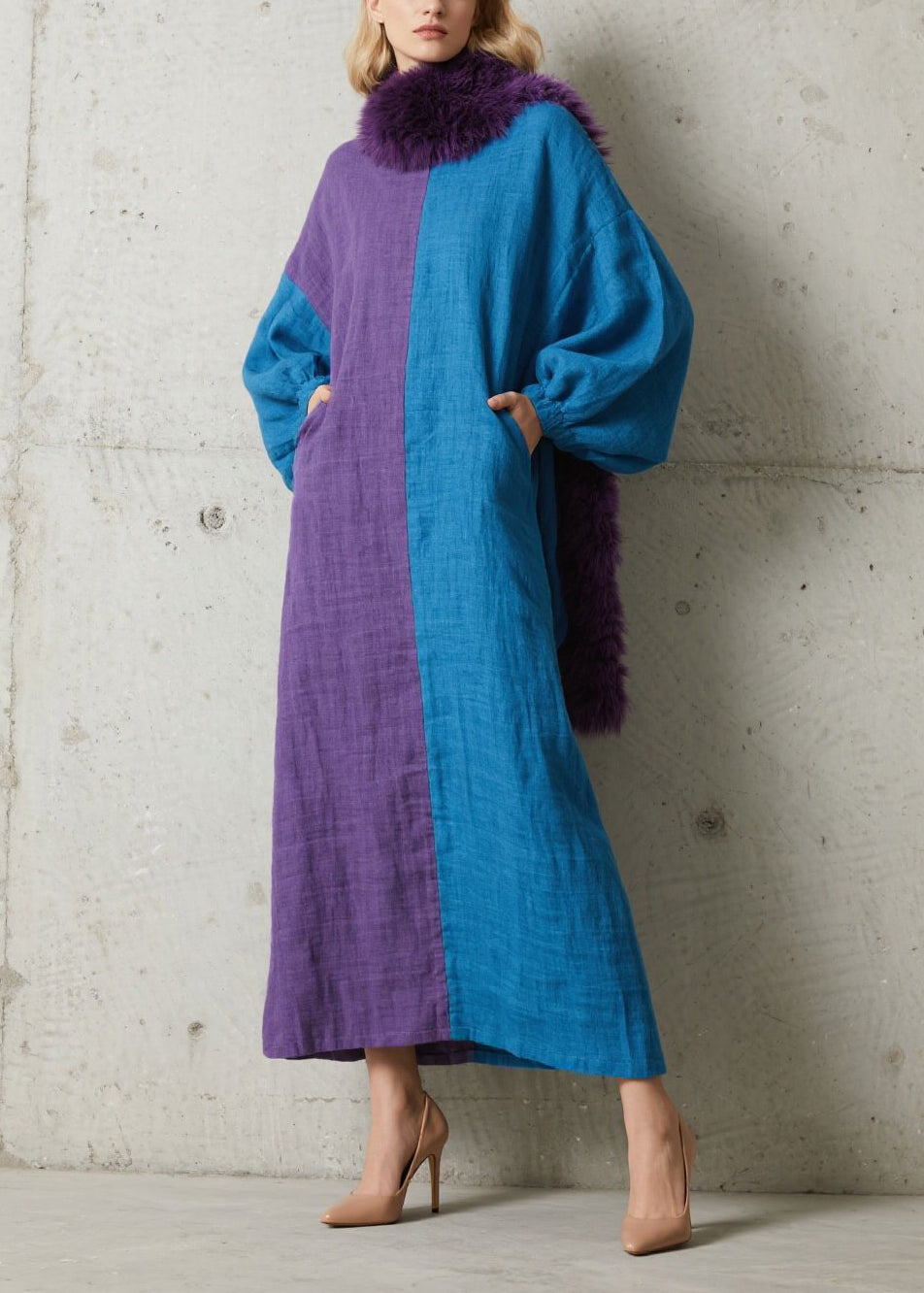 Colorblock Mock Neck Balloon Sleeve Side Pocket Linen Oversized Maxi Dress